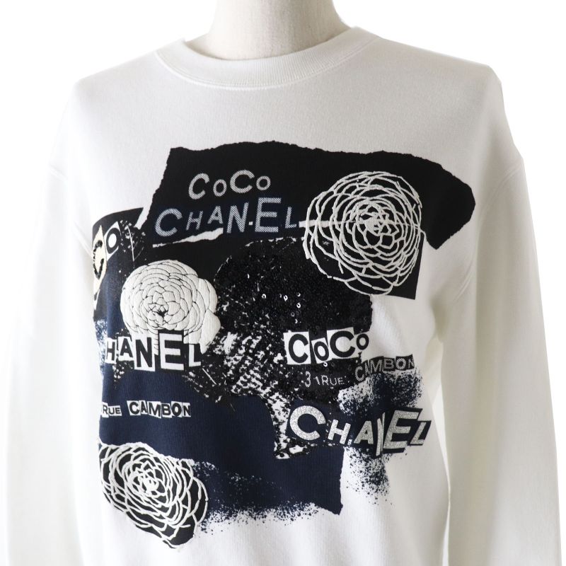 CHANEL 20P P63298 Graphic Logo Sweatshirt Full Logo Pullover White XS Made In