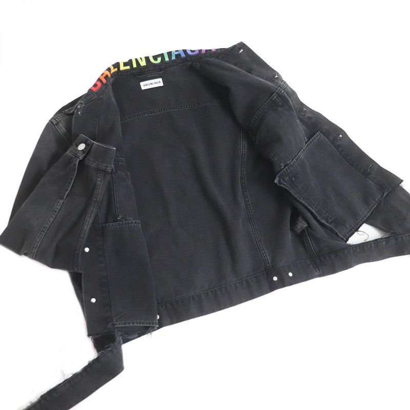 18AW Balenciaga 571450 Rainbow Logo Embroidery Logo Button Cut Off Denim Jacket