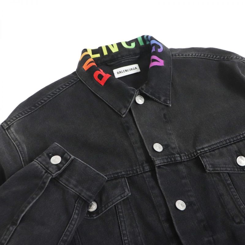 18AW Balenciaga 571450 Rainbow Logo Embroidery Logo Button Cut Off Denim Jacket