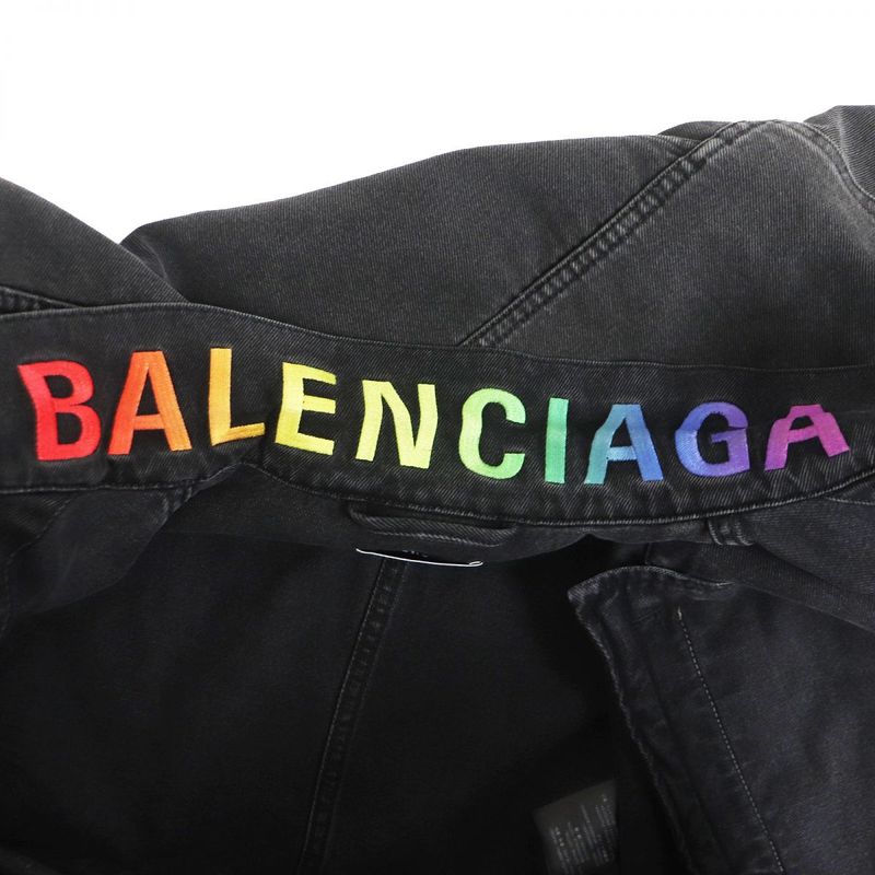 18AW Balenciaga 571450 Rainbow Logo Embroidery Logo Button Cut Off Denim Jacket