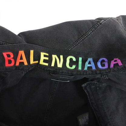 18AW Balenciaga 571450 Rainbow Logo Embroidery Logo Button Cut Off Denim Jacket