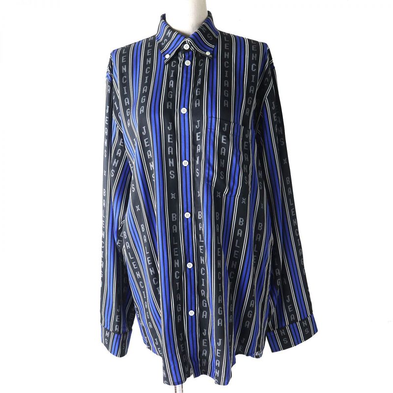 Balenciaga 20SS 658956 Stripe Logo Oversized Long Sleeve Shirt Rayon Women's