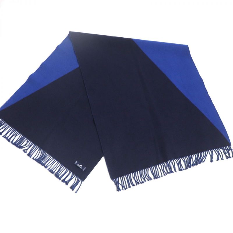 Hermes Kazak Bi-color Fringed 100% Cashmere Large Shawl/scarf Blue And Navy