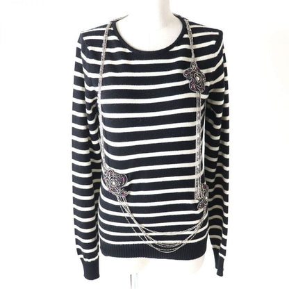 CHANEL 08A P33451 Striped 100% Cashmere Long-sleeved Knit With Bijoux Chain