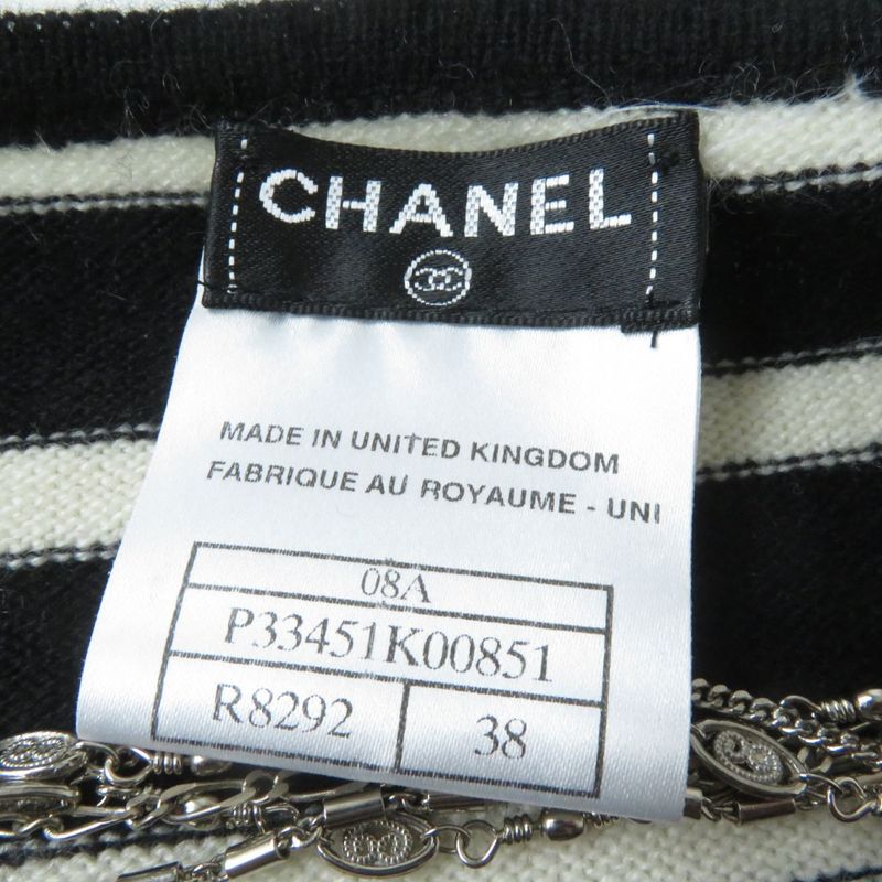 CHANEL 08A P33451 Striped 100% Cashmere Long-sleeved Knit With Bijoux Chain