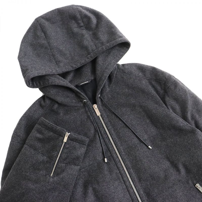Hermes 100% Cashmere Double Zip Hooded Down Jacket Charcoal Gray 50 Men's Made