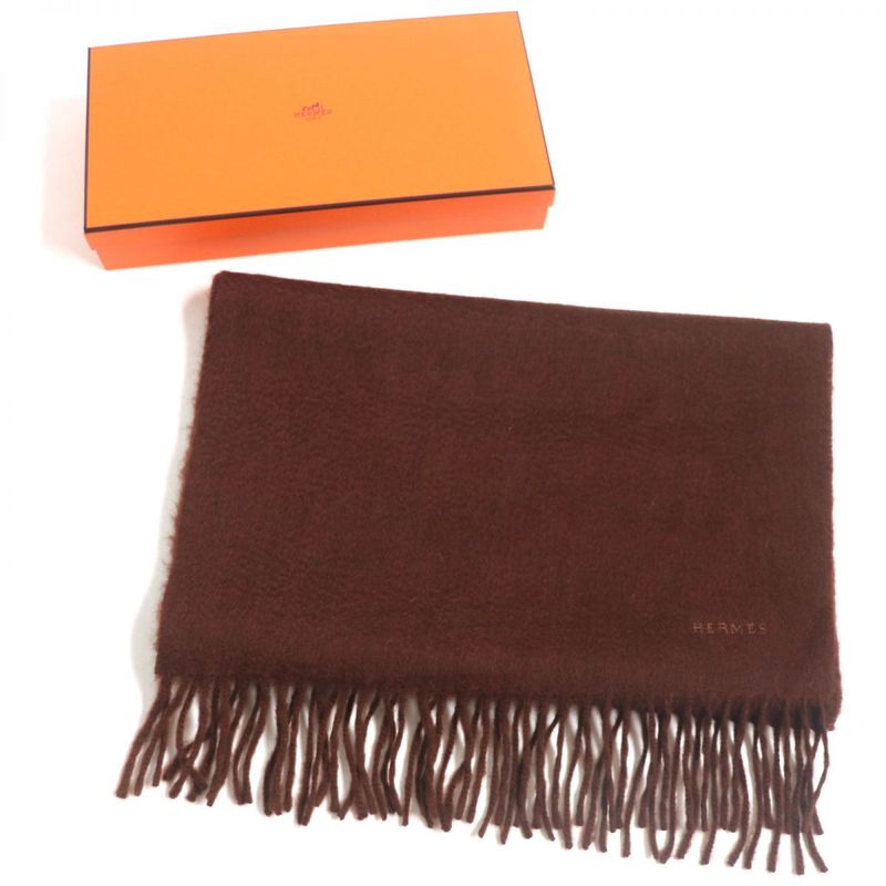 Hermes Logo Embroidered Fringed 100% Cashmere Scarf Red Brown Made In Scotland
