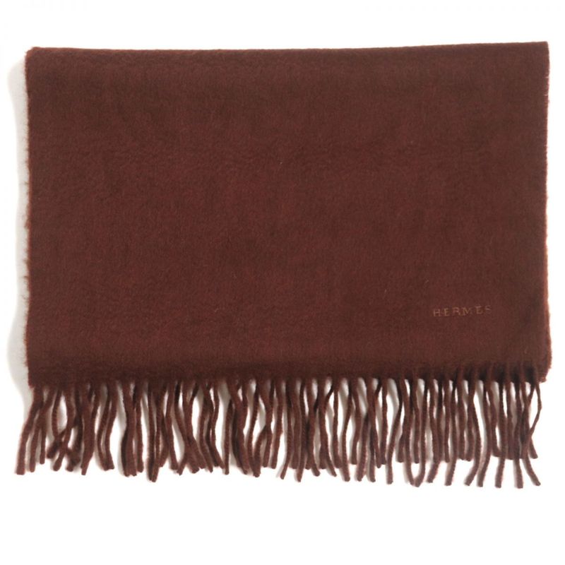 Hermes Logo Embroidered Fringed 100% Cashmere Scarf Red Brown Made In Scotland