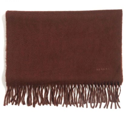 Hermes Logo Embroidered Fringed 100% Cashmere Scarf Red Brown Made In Scotland
