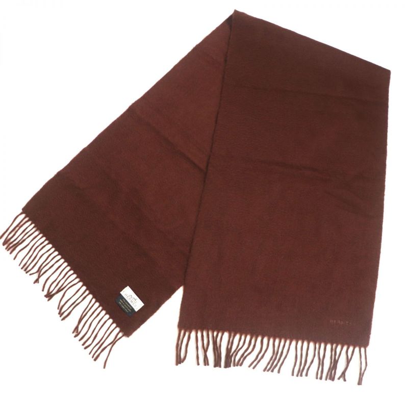 Hermes Logo Embroidered Fringed 100% Cashmere Scarf Red Brown Made In Scotland