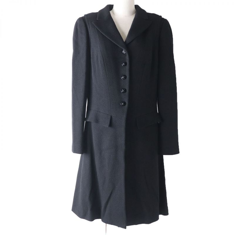 CHANEL 06A P29407 Logo Button With Stones Lined Silk Wool Coat Black 44