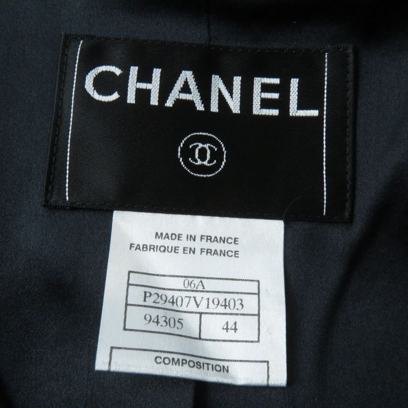 CHANEL 06A P29407 Logo Button With Stones Lined Silk Wool Coat Black 44