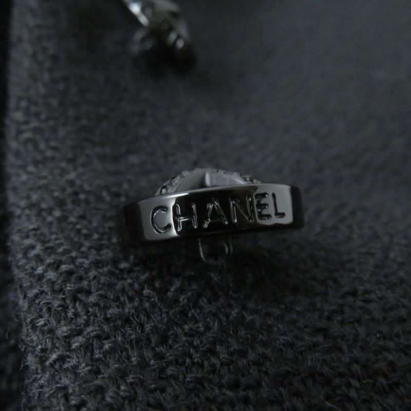 CHANEL 06A P29407 Logo Button With Stones Lined Silk Wool Coat Black 44