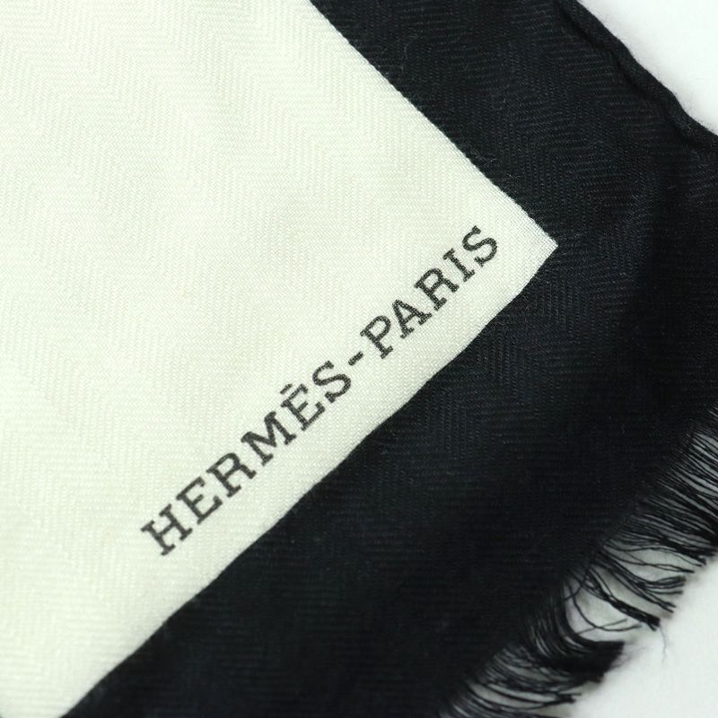 Hermes Big H Logo Cashmere Silk Large Scarf Shawl Black White Khaki Made In