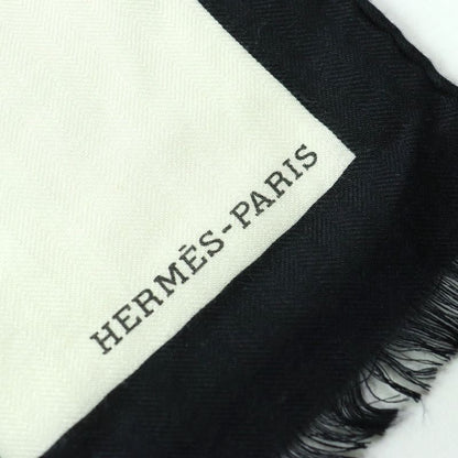 Hermes Big H Logo Cashmere Silk Large Scarf Shawl Black White Khaki Made In