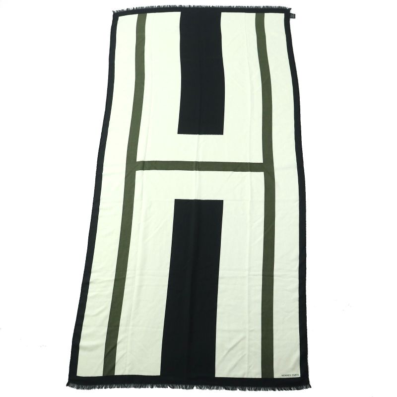 Hermes Big H Logo Cashmere Silk Large Scarf Shawl Black White Khaki Made In