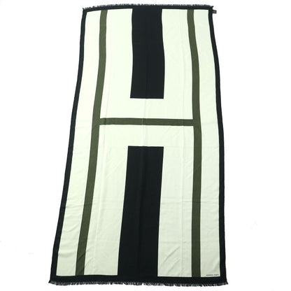 Hermes Big H Logo Cashmere Silk Large Scarf Shawl Black White Khaki Made In