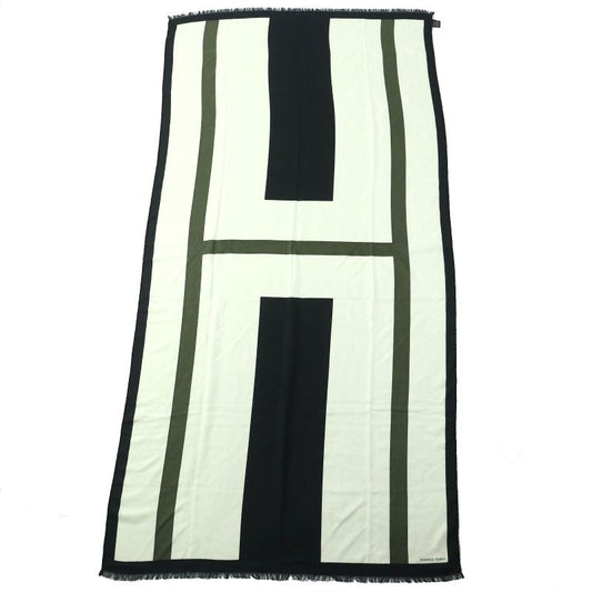 Hermes Big H Logo Cashmere Silk Large Scarf Shawl Black White Khaki Made In