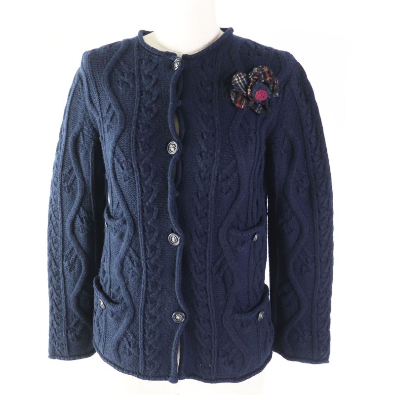 CHANEL P46489 100% Cashmere 4-pocket Cable Knit Cardigan With Camellia Brooch