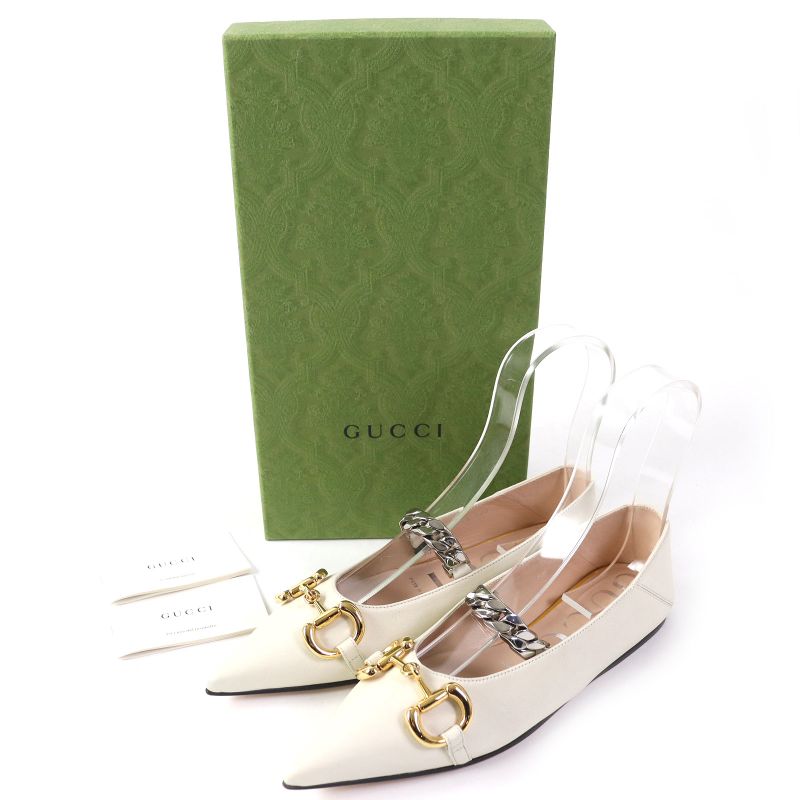 Gucci 621161 Leather Horsebit Pointed Toe Flat Pumps With Chain Ivory Gold And