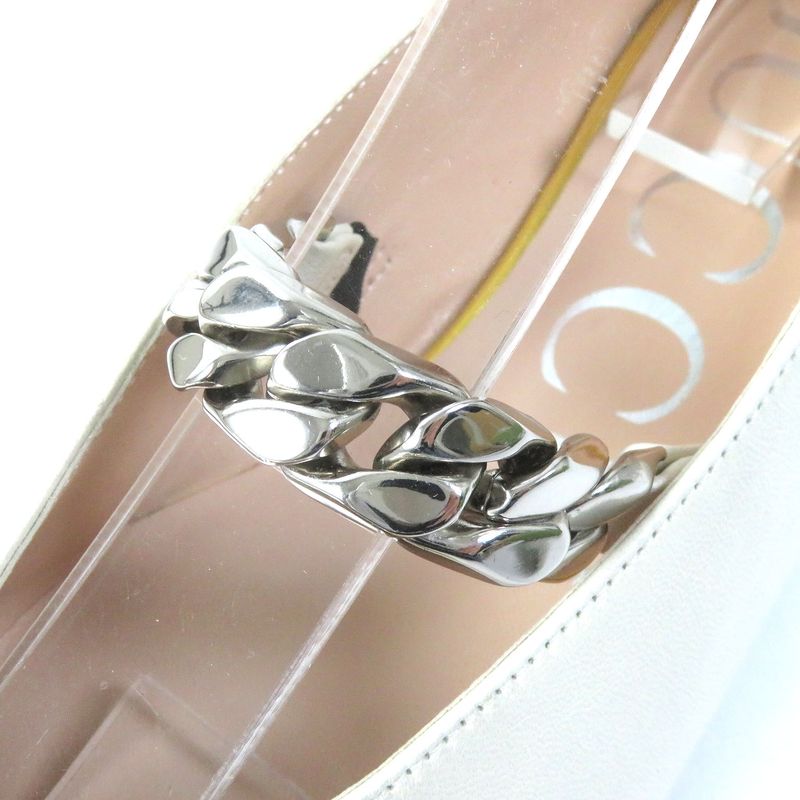 Gucci 621161 Leather Horsebit Pointed Toe Flat Pumps With Chain Ivory Gold And