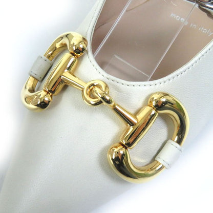 Gucci 621161 Leather Horsebit Pointed Toe Flat Pumps With Chain Ivory Gold And