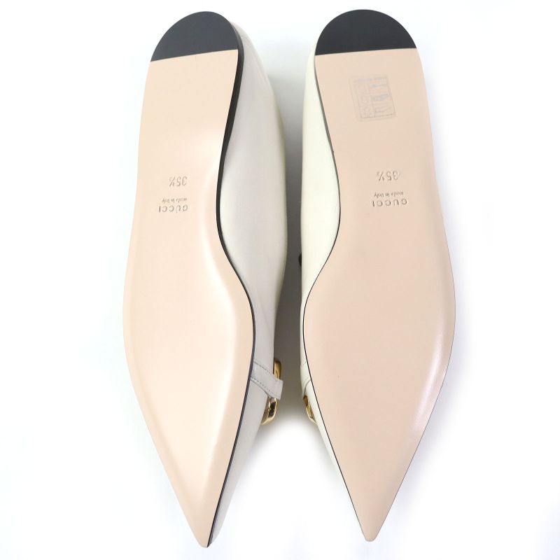 Gucci 621161 Leather Horsebit Pointed Toe Flat Pumps With Chain Ivory Gold And