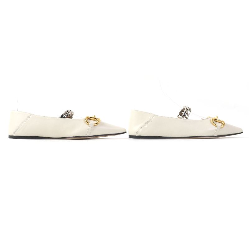 Gucci 621161 Leather Horsebit Pointed Toe Flat Pumps With Chain Ivory Gold And