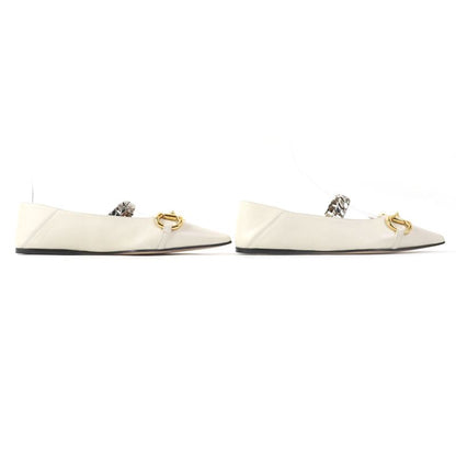 Gucci 621161 Leather Horsebit Pointed Toe Flat Pumps With Chain Ivory Gold And