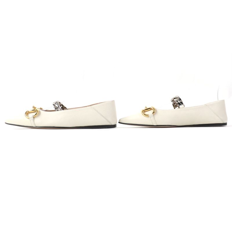 Gucci 621161 Leather Horsebit Pointed Toe Flat Pumps With Chain Ivory Gold And