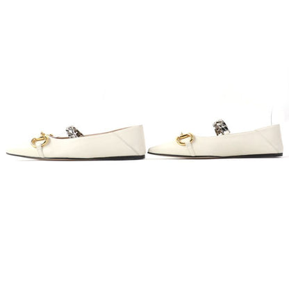 Gucci 621161 Leather Horsebit Pointed Toe Flat Pumps With Chain Ivory Gold And