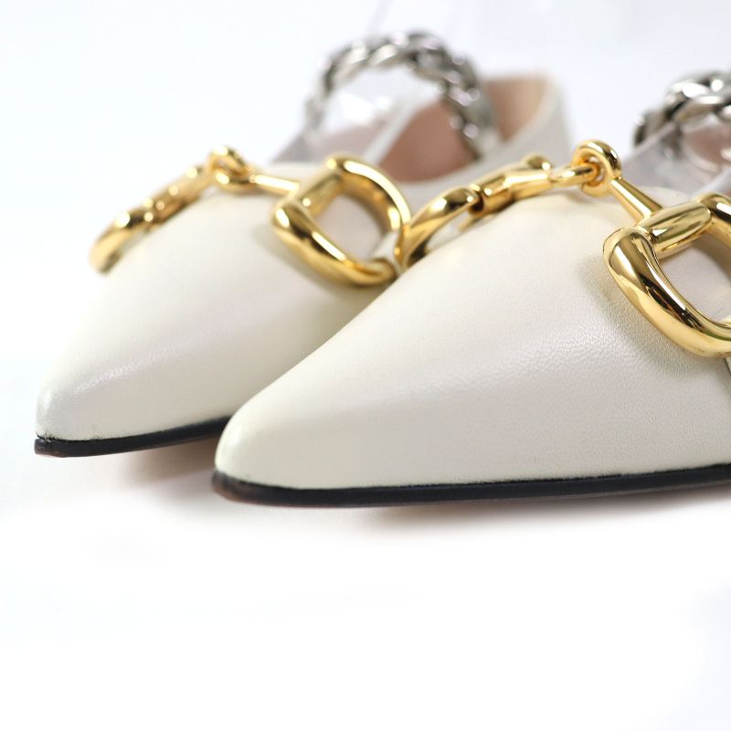 Gucci 621161 Leather Horsebit Pointed Toe Flat Pumps With Chain Ivory Gold And