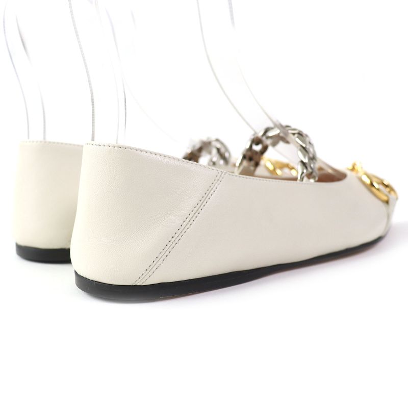Gucci 621161 Leather Horsebit Pointed Toe Flat Pumps With Chain Ivory Gold And