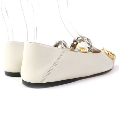 Gucci 621161 Leather Horsebit Pointed Toe Flat Pumps With Chain Ivory Gold And