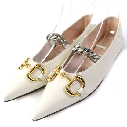 Gucci 621161 Leather Horsebit Pointed Toe Flat Pumps With Chain Ivory Gold And