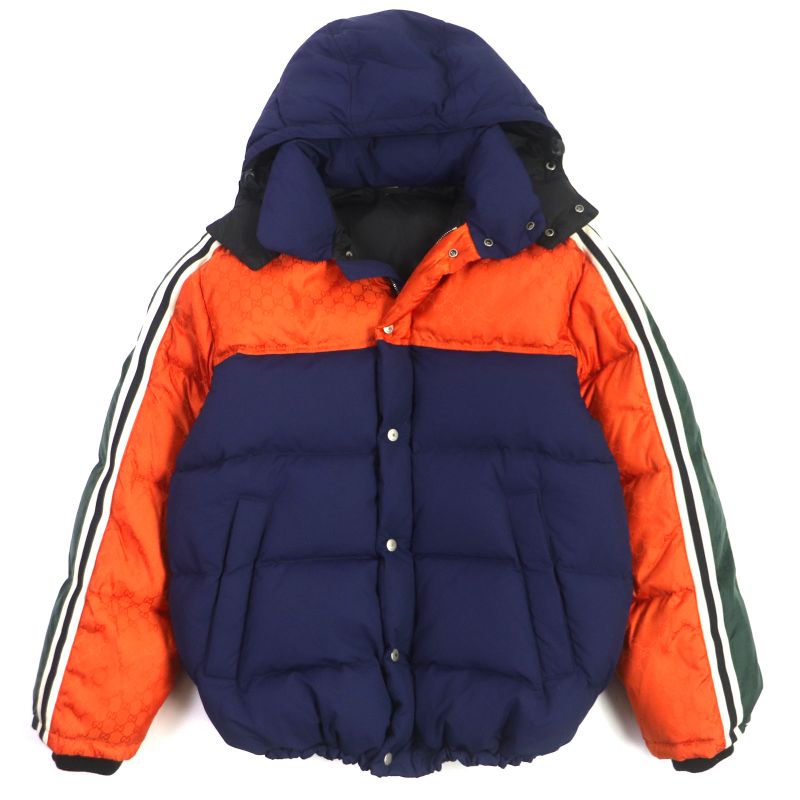 Gucci 598728 Ggmonogram Cut Line Hooded WZIP Down Jacket Orange Navy 46 Made In