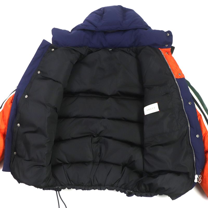 Gucci 598728 Ggmonogram Cut Line Hooded WZIP Down Jacket Orange Navy 46 Made In