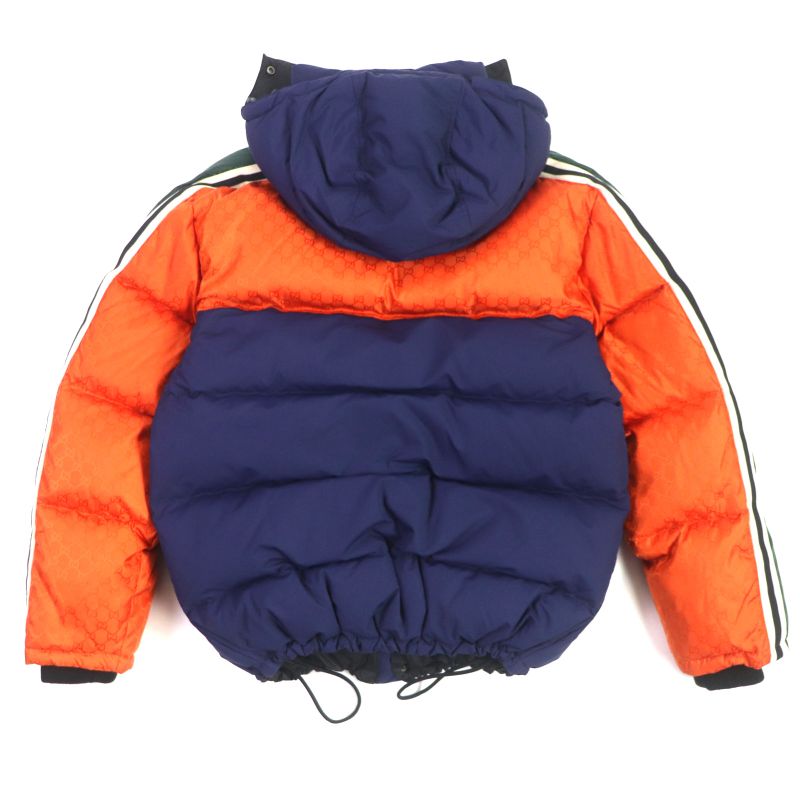 Gucci 598728 Ggmonogram Cut Line Hooded WZIP Down Jacket Orange Navy 46 Made In
