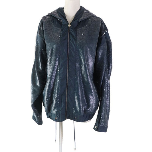 CHANEL P52914 Sequined Coco Mark Button Zipup Jacket Blue Greenish 40 Made In