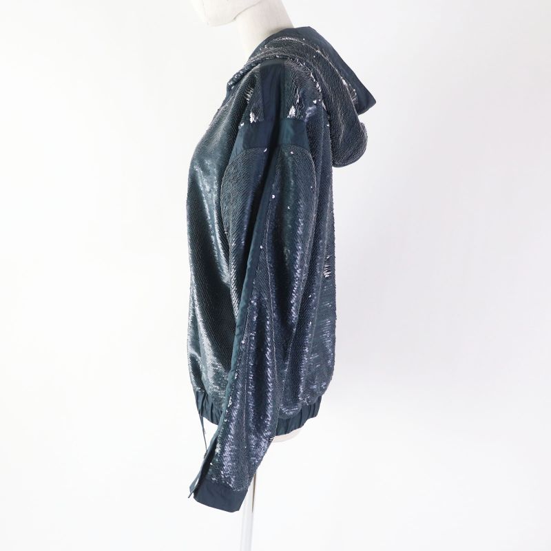 CHANEL P52914 Sequined Coco Mark Button Zipup Jacket Blue Greenish 40 Made In