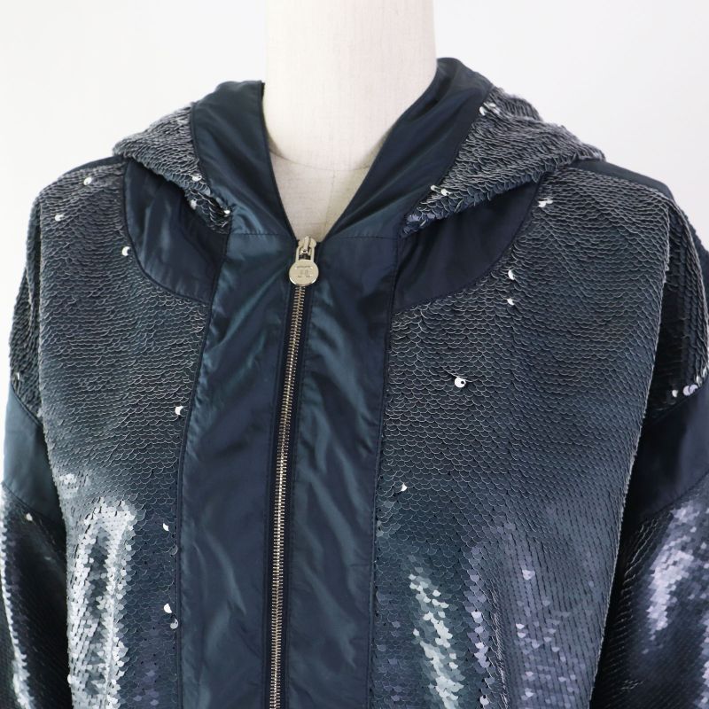 CHANEL P52914 Sequined Coco Mark Button Zipup Jacket Blue Greenish 40 Made In