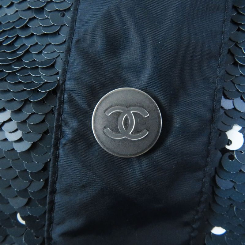 CHANEL P52914 Sequined Coco Mark Button Zipup Jacket Blue Greenish 40 Made In