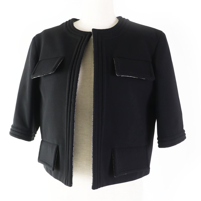 CHANEL P44726 5'' Sleeve Collarless Jacket With Gold Coco Mark Plate Lining