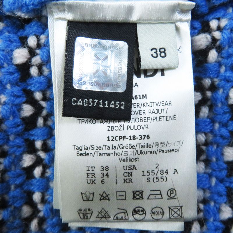 Fendi 18 Fzy731 Wool Cashmere FF Logo/zucca Pattern Knit Hoodie Blue White 38