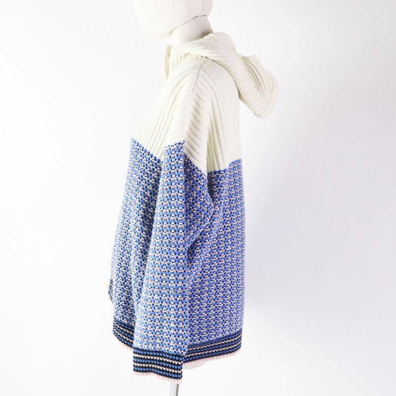 Fendi 18 Fzy731 Wool Cashmere FF Logo/zucca Pattern Knit Hoodie Blue White 38