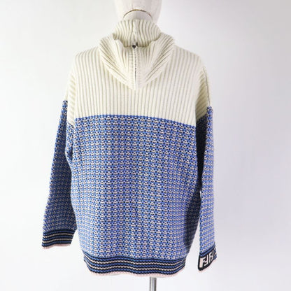 Fendi 18 Fzy731 Wool Cashmere FF Logo/zucca Pattern Knit Hoodie Blue White 38