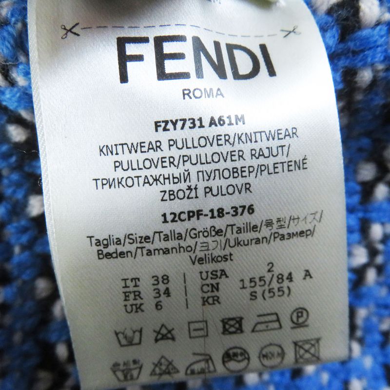 Fendi 18 Fzy731 Wool Cashmere FF Logo/zucca Pattern Knit Hoodie Blue White 38