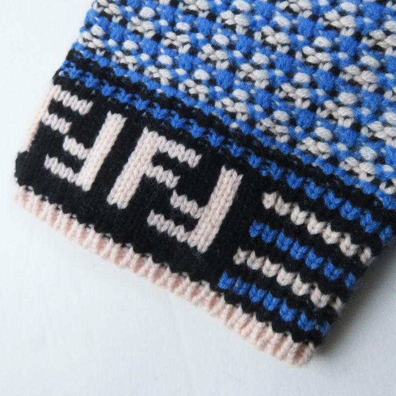 Fendi 18 Fzy731 Wool Cashmere FF Logo/zucca Pattern Knit Hoodie Blue White 38