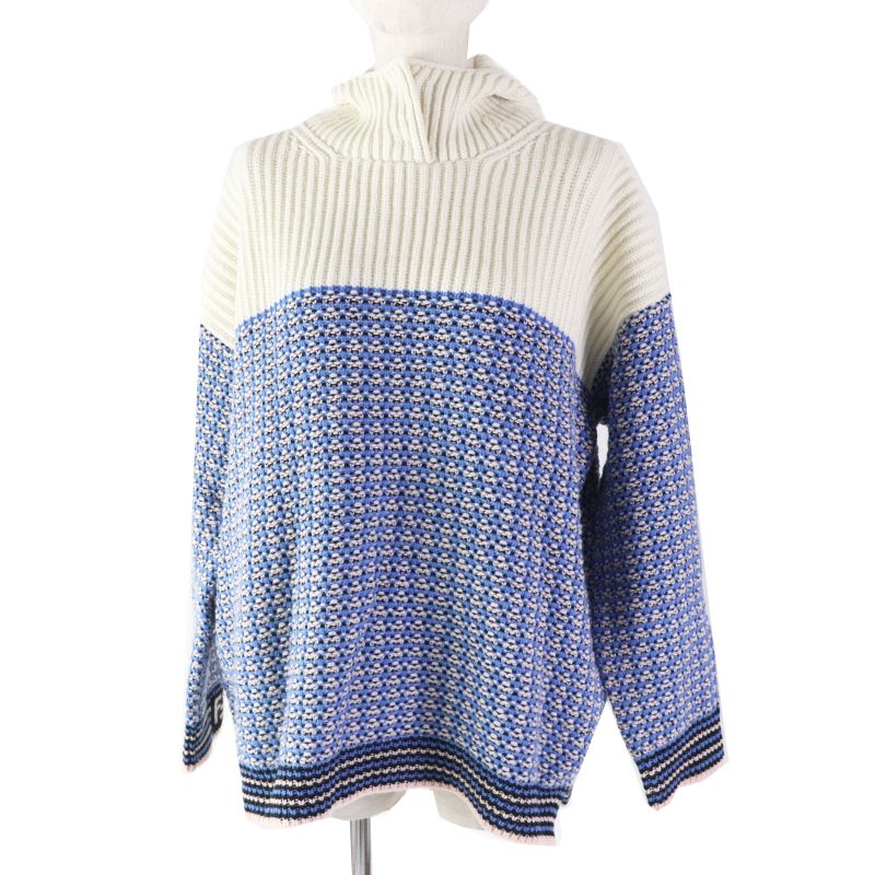 Fendi 18 Fzy731 Wool Cashmere FF Logo/zucca Pattern Knit Hoodie Blue White 38