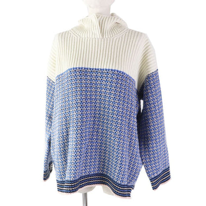 Fendi 18 Fzy731 Wool Cashmere FF Logo/zucca Pattern Knit Hoodie Blue White 38